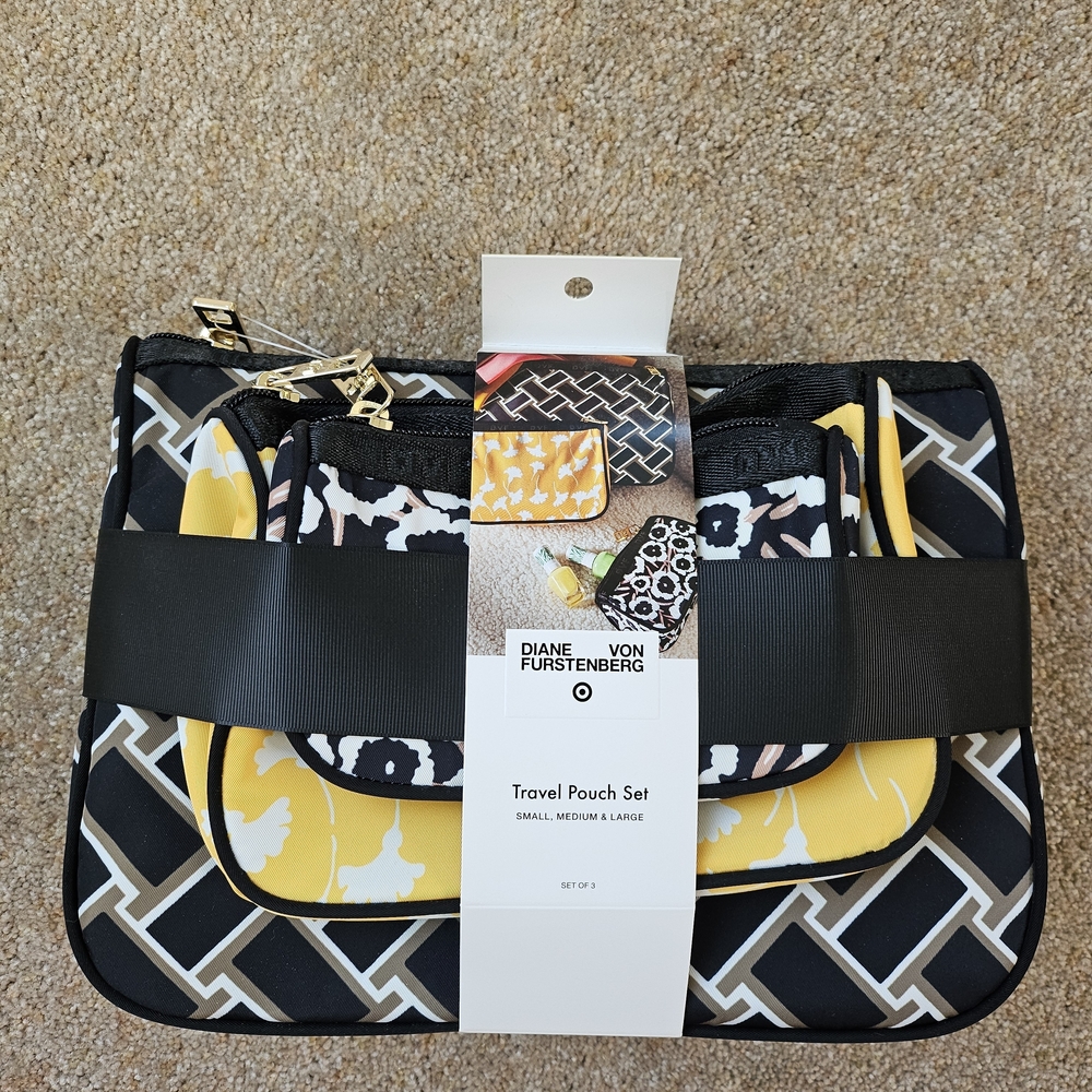 Nwt! Diane Von Furstenberg X Target Yellow and Black Travel Pouch Set